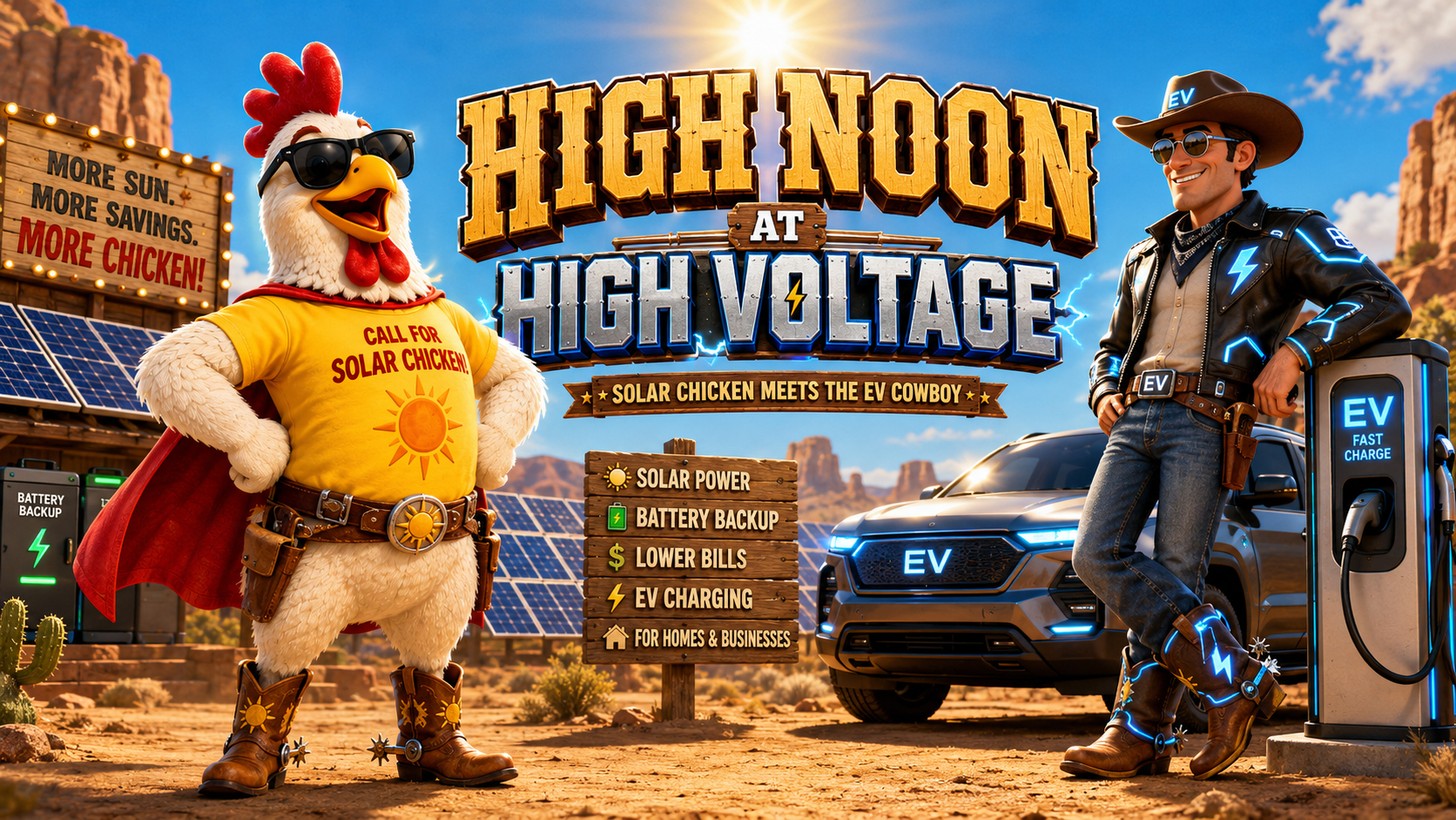 Solar Chicken facing the EV Cowboy in a dramatic high-noon solar showdown