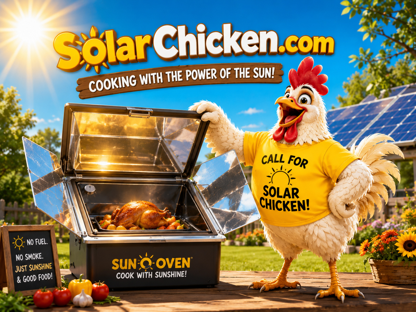 Solar chicken cooking scene with sunlight, solar oven, and golden roasted chicken