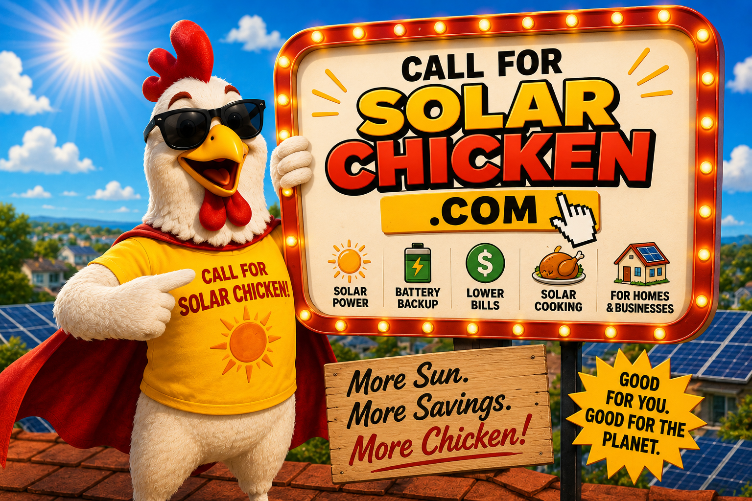 Solar Chicken in front of a SolarChicken.com sign at sunset