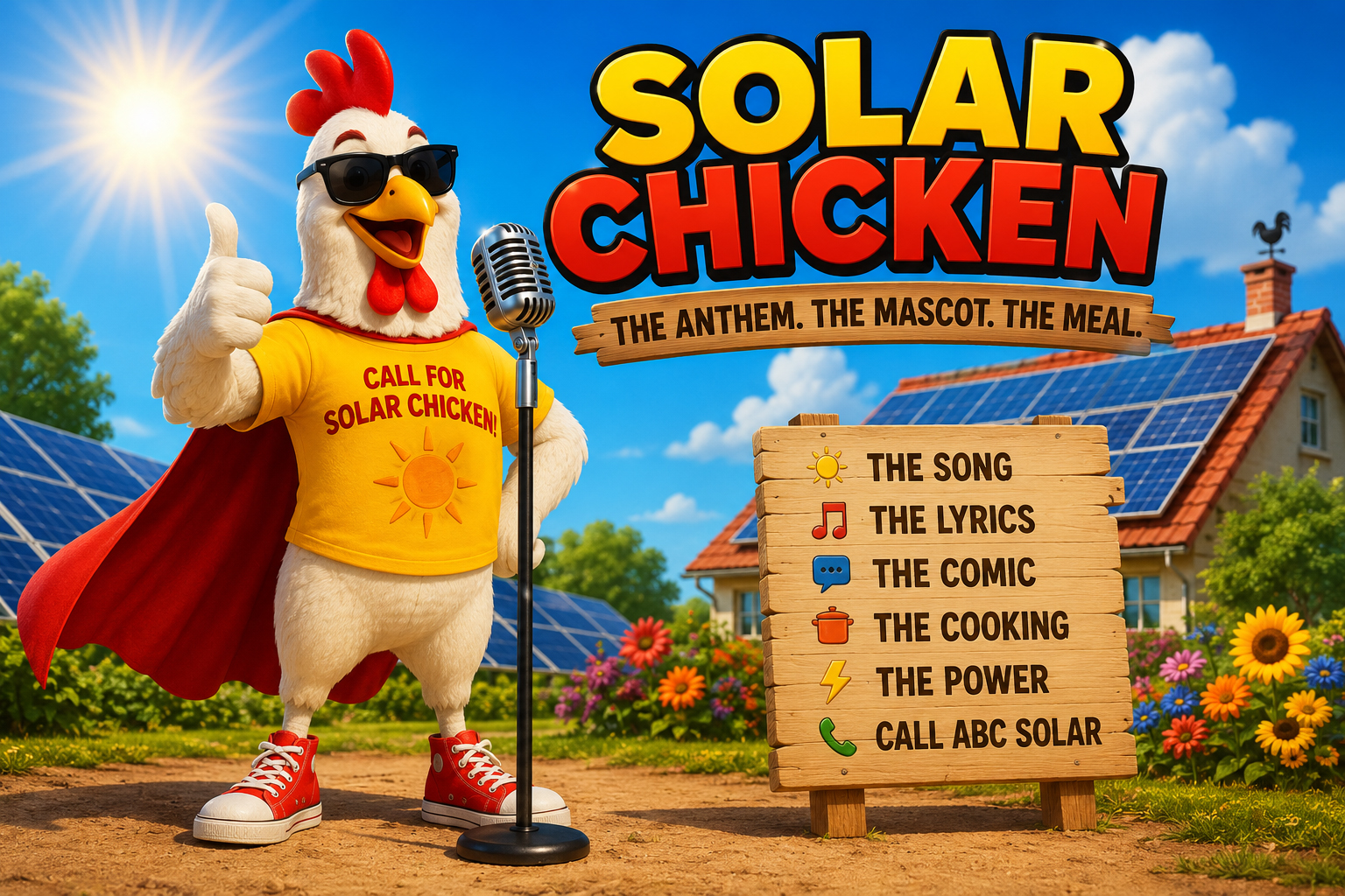 Solar Chicken staring at a shocking electric bill under bright sunshine