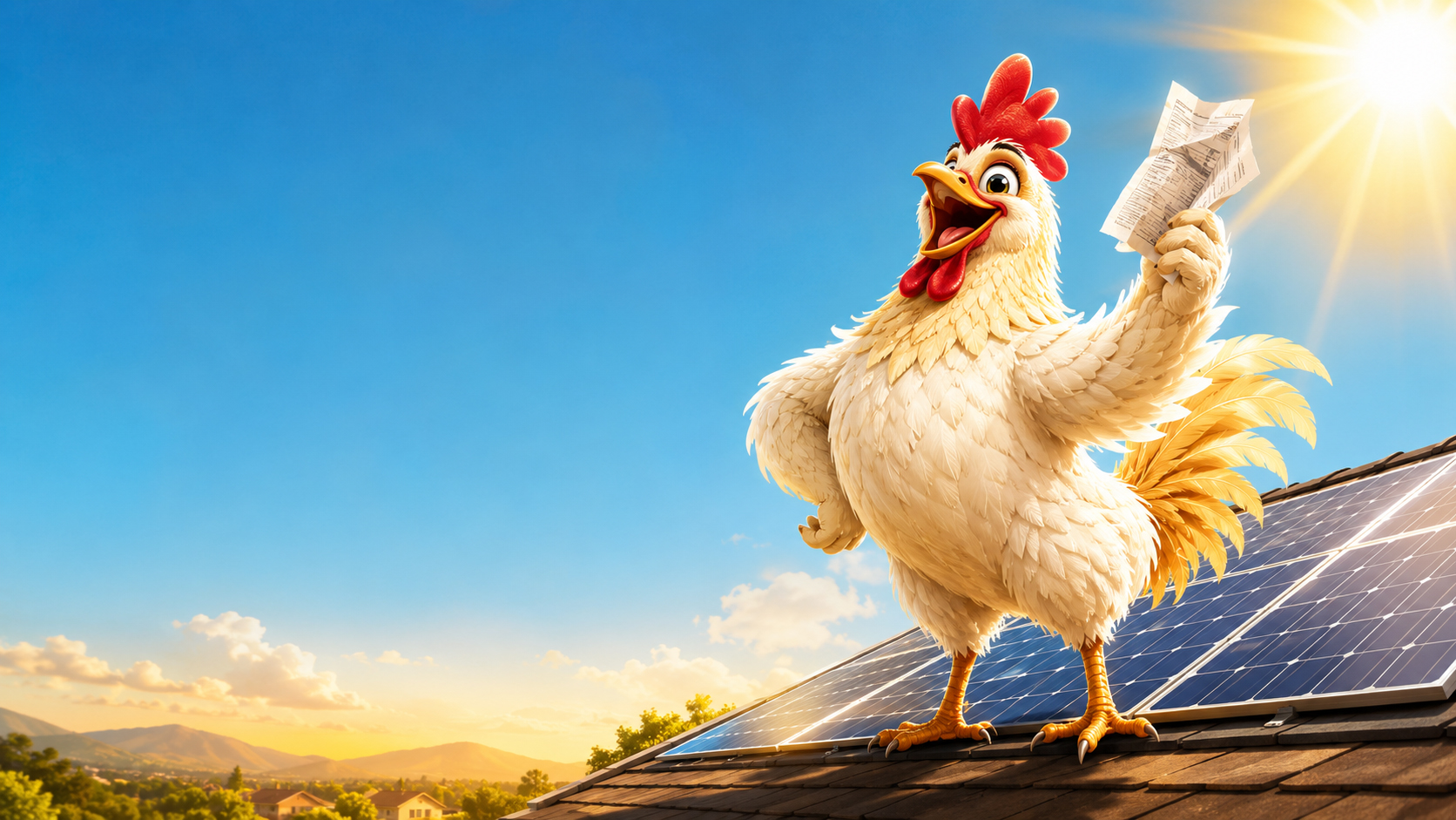 Solar Chicken mascot standing proudly in golden sunlight with solar panels and a barnyard stage