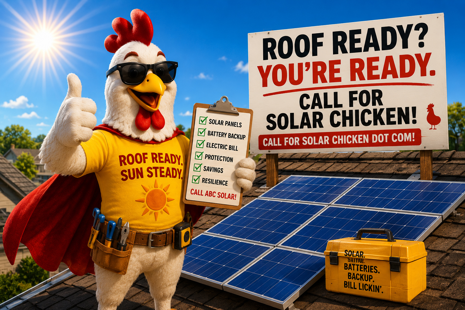 Solar Chicken inspecting a sunny roof ready for solar panels