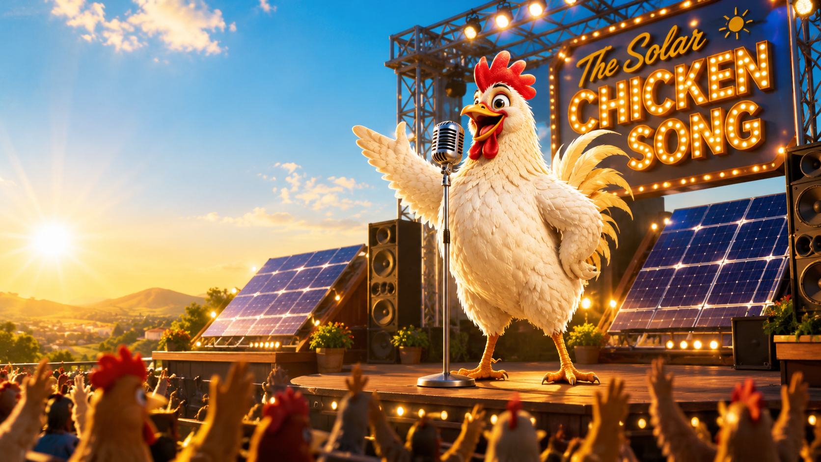 Solar Chicken singing on a stage in front of solar panels
