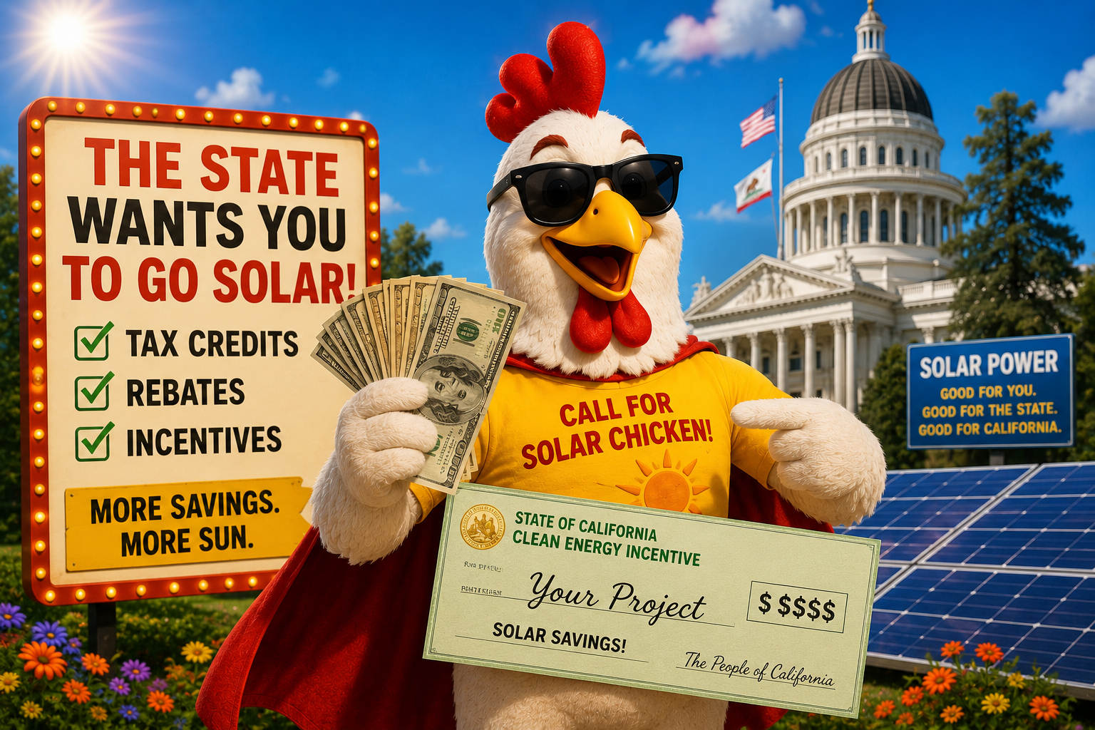 Solar Chicken pointing to solar incentives and savings signs